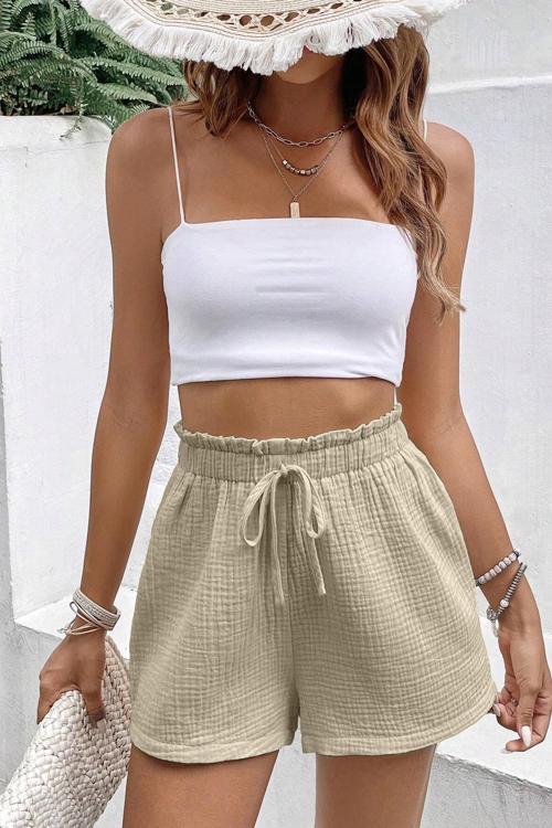 Kadın %100 Cotton Müslin Tatil Ev İçi/Dışı Kullanım Cepsiz Beli Bağcıklı Şort