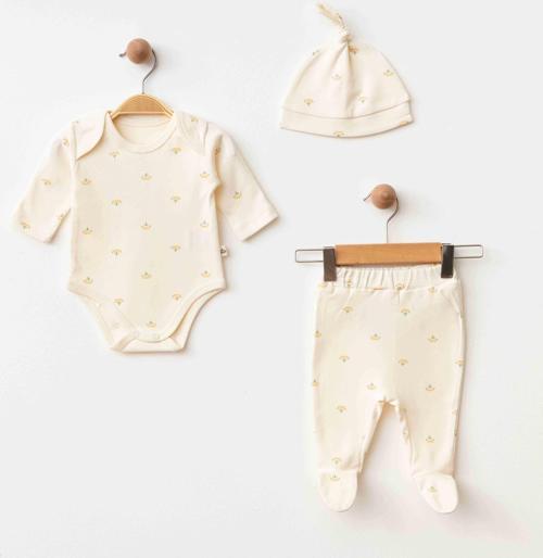 ÇİÇEKLİ PANTOLON BODY ŞAPKA SET Ekru