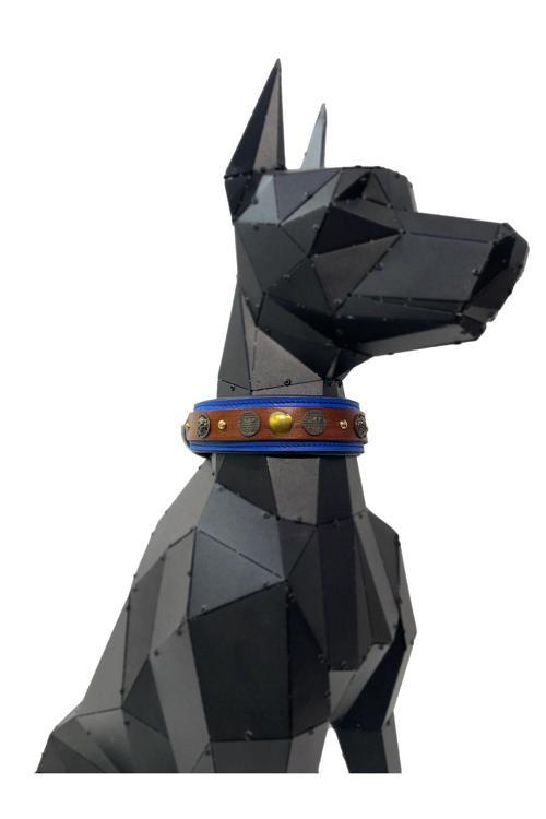 Mavi-Kahverengi Metal Aslan Baskılı Deri Köpek Tasması Özel Tasarım Köpek Boyun Tasması