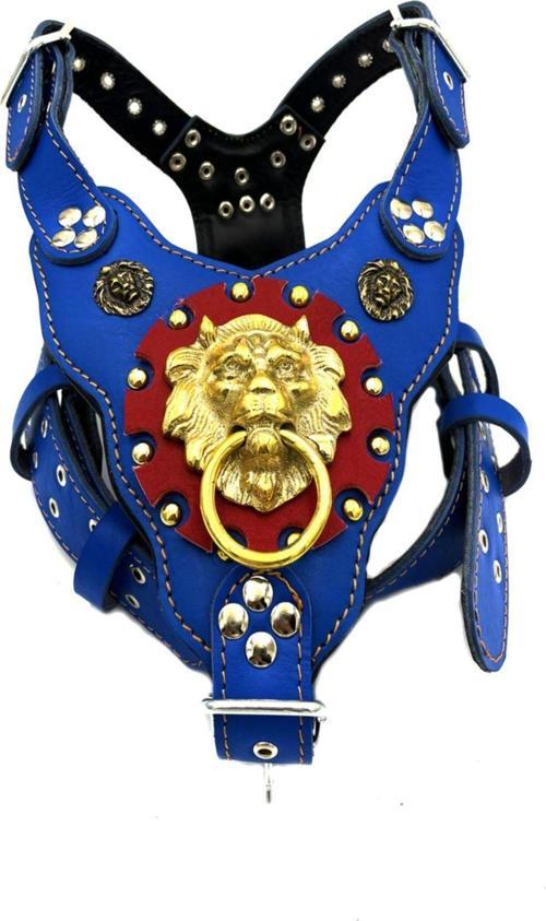 Lacivert Kırmızı Aslan Başlı Deri Köpek Göğüs Tasması