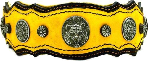 Sarı Yumuşak Dokulu Kaplan Başlı Deri Köpek Tasması