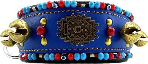 Mavi Zilli İçi Yumuşak Dokulu Boncuklu Deri Köpek Tasması