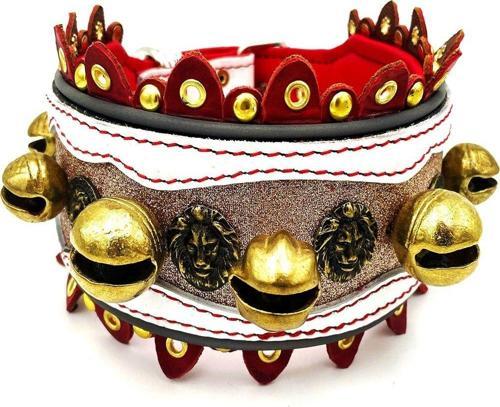 Beyaz Aslan Baskılı Simli 7 Zilli Deri Köpek Tasması