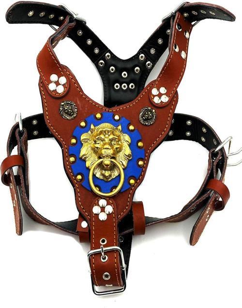 Kahverengi-Mavi Aslan Başlı Pirinç Halkalı Deri Köpek Göğüs Tasması