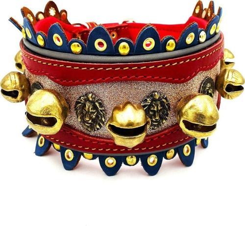 Kırmızı Aslan Baskılı Simli 7 Zilli Deri Köpek Tasması