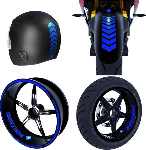 Moto Rider 4'lü Sticker Seti Reflektif Mavi İç Dış Jant Şeridi Kask ve Çamurluk Çınar Extreme 