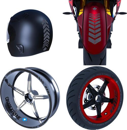 Moto Rider 4'lü Sticker Seti Siyah Karbon Fiber Dokulu İç Dış Jant Şeridi Kask ve Çamurluk Çınar Extreme 