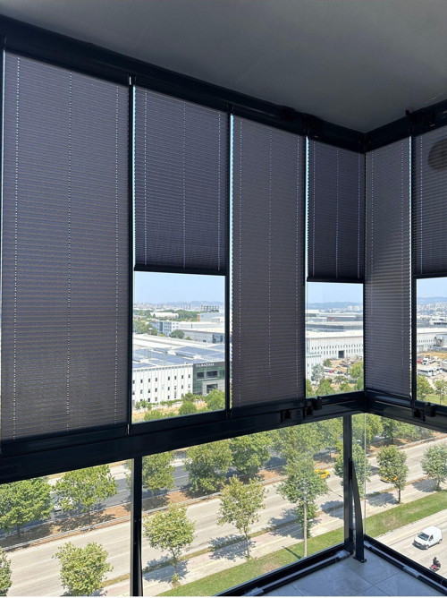Antrasit Plise Katlanır Cam Balkon Perdesi, Ofis Perdesi, Mutfak Perdesi, Salon Perdesi