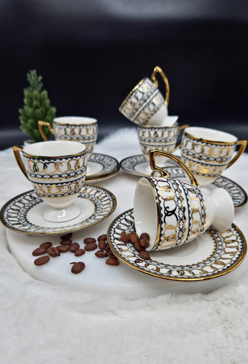 Lüks Altın Detaylı 6 Parça Ayaklı Porselen Kahve Fincan Takımı – Özel Koleksiyon, 70 ml