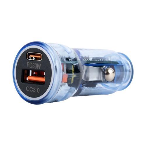 BR01 48W Şeffaf  Mavi Araç Şarj Cihazı | PD & QC 3.0 Destekli, Çift USB Hızlı Şarj
