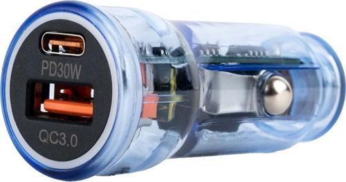 BR01 48W Şeffaf  Mavi Araç Şarj Cihazı | PD & QC 3.0 Destekli, Çift USB Hızlı Şarj