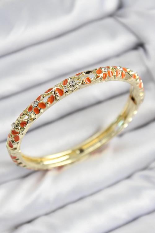 Mineli Pirinç Zirkon Taşlı Turuncu Çiçek Motifli Gold Kadın Kelepçe 00183