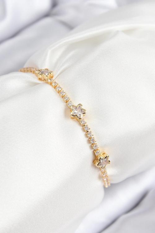 Pirinç Zirkon Taşlı Yıldız Model Gold Renk Asansörlü Kadın Bileklik 00158