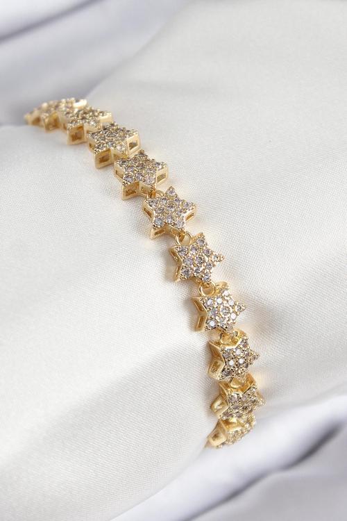 VIP Seri Pirinç Zirkon Taşlı Sıralı Yıldız Model Gold Renk Kadın Bileklik - EBJ250816W37218