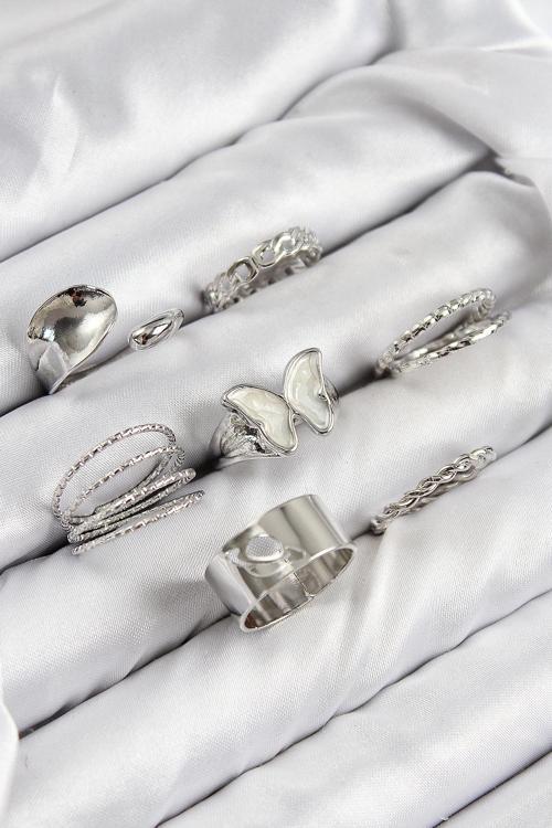 Pirinç Kelebek Model Gümüş Renk Kadın Yüzük Kombin Set - EBJ250816W37411