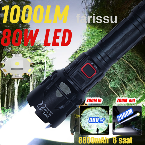SMALL SUN SM-T288 80W 1000 Lümen 26800 Model 8800 mah pil 1 ile 1,5 Km Menzilli Şarjlı El Feneri