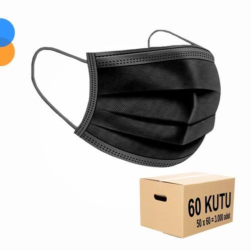 Cerrahi Maske 3 Katlı Meltblown Filtreli 50'li Kutu x 60 Kutu - 1 Koli - Siyah