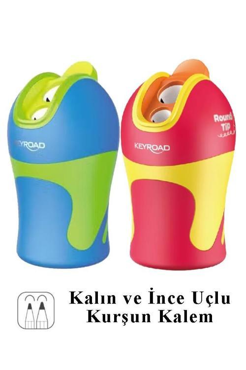 Kalemtraş 2 li 2 Adet Hazneli Jumbo ve Standart Kalem Açacağı Plastik Kalemtıraş 2 Renk Keyroad