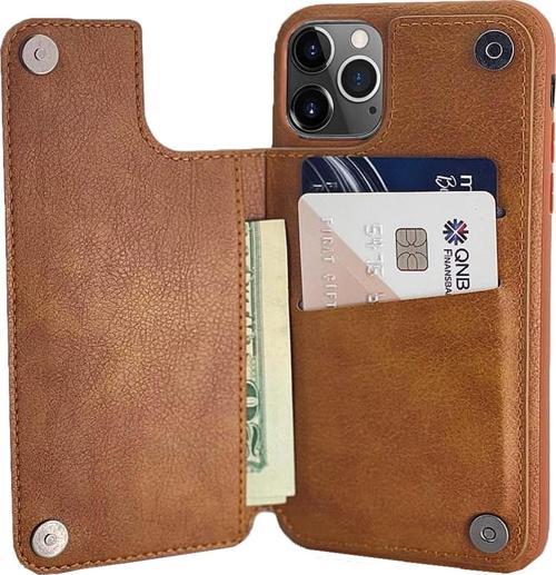 Iphone 12 Pro Max Ile Uyumlu Kartlıklı Kılıf Wallet Deri Kartvizitli Mıknatıslı Cüzdan Kahverengi