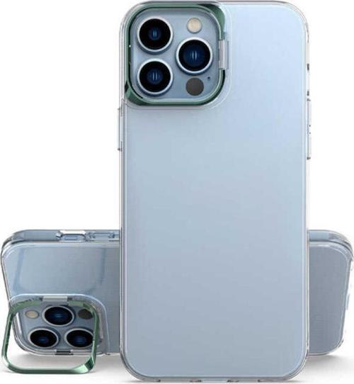 Iphone 14 Pro Ile Uyumlu Kılıf Metal Kamera Standlı Airbag Şeffaf Skubi Silikon Koyu Yeşil