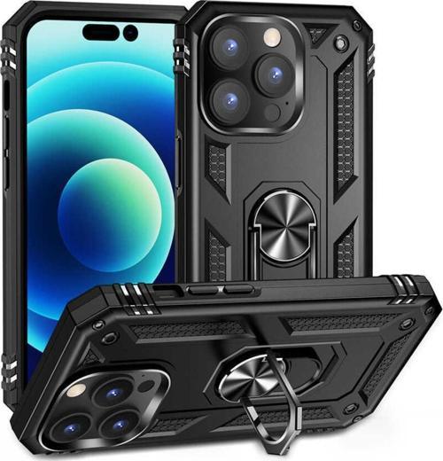 Iphone 14 Pro Ile Uyumlu Kılıf Shockproof Zırhlı Kauçuk Yüzük Tutuculu 360 Derece Siyah