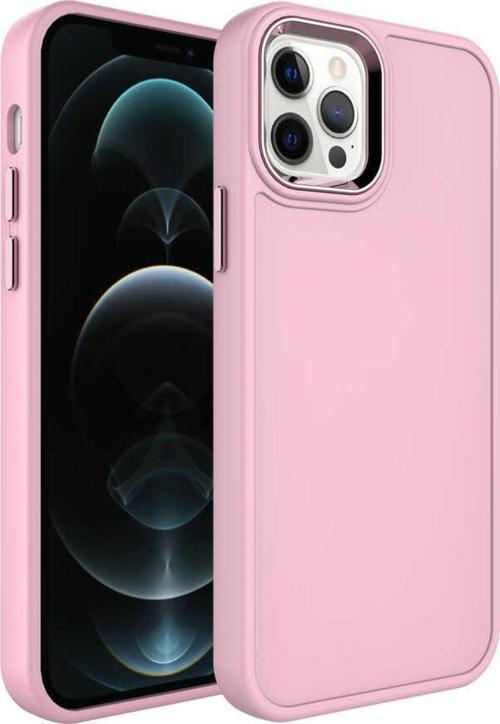 Iphone 12 Pro Max Ile Uyumlu Kılıf Metal Çerçeve Tasarımlı Pastel Renkli Sert Ebullience Pembe Açık