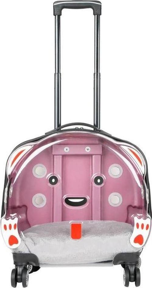 Şeffaf Tekerlekli Kedi Köpek Taşıma Valizi Çekçekli Büyük Model Pembe