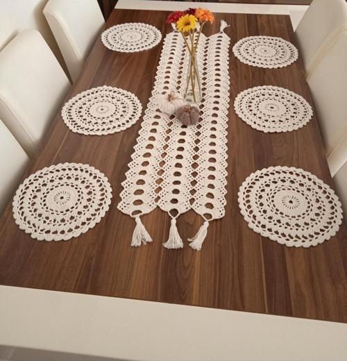 Runner Ve Amerikan Servis Takımı Masa Örtüsü El Örgüsü Koton Pamuk Ip