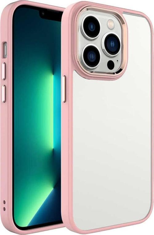 Iphone 14 Pro Max Ile Uyumlu Kılıf Kenarları Renkli Silikon Arkası Şeffaf Krop Pembe Açık