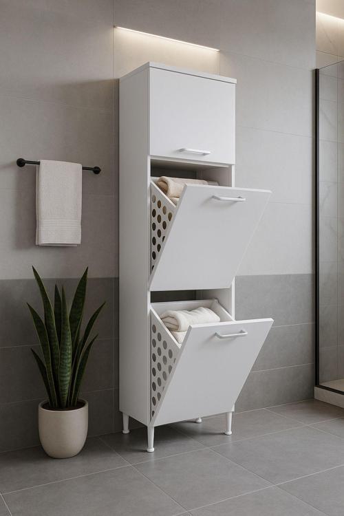 Furniture Çamaşır Sepetli Banyo Dolabı 2 Sepetli Çok Amaçlı Dolap Beyaz