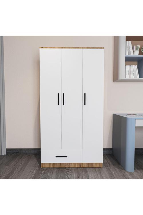 Trio 3 Kapaklı 1 Çekmeceli Elbise Dolabı Gardırop Genç Odası Çocuk Odası Atlantik Çam-Beyaz