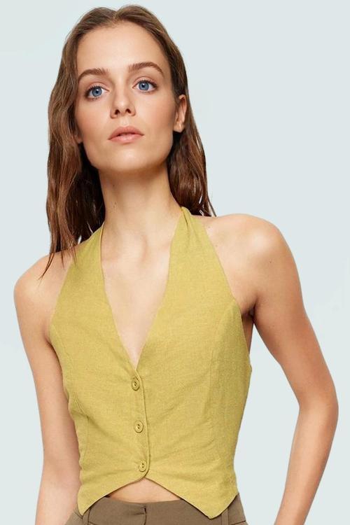 Renk Keten Karışımlı Kolsuz Crop Bluz Yazlık ve Şık Premium Kalite Konforlu Kesim