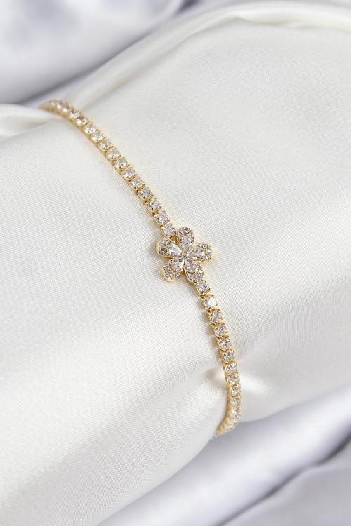 Pirinç Zirkon Taşlı Çiçek Model Gold Renk Kadın Bileklik - EBJ250816W37230