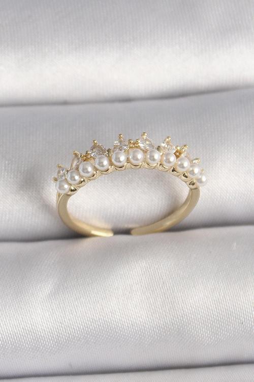 Pirinç Gold Renk Zirkon Taşlı İncili Taç Model Ayarlanabilir Kadın Yüzük - EBJ250113W30596