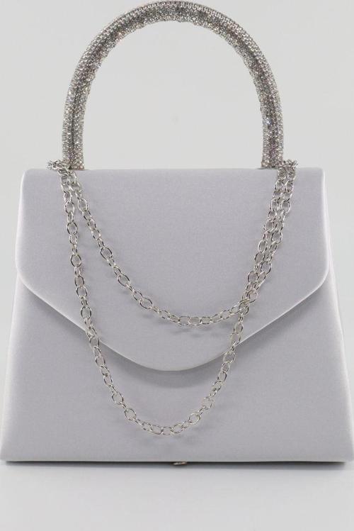 Saten taşlı gümüş abiye çanta. Clutch saten gümüş gece çantası. Abiye çanta gümüş. Saten abiye çanta