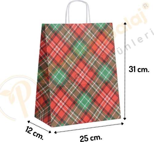 Ekose Desen Kraft Çanta Orta Boy 25x12x31 cm 25 Adet