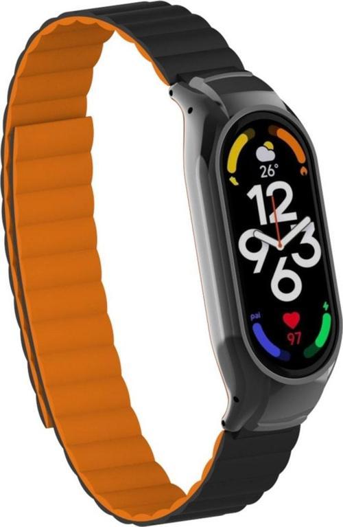 Xiaomi Mi Band 7 Ile Uyumlu Haller Kordon Mıknatıslı Şık Tasarım Kordon Siyah - Turuncu