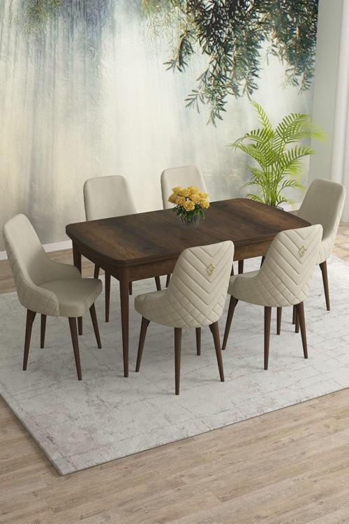 Meri Serisi Barok 80x132 Açılabilir Mdf Masa Yemek Odası Takımı, Mutfak Takımı 6 Adet Sandalye
