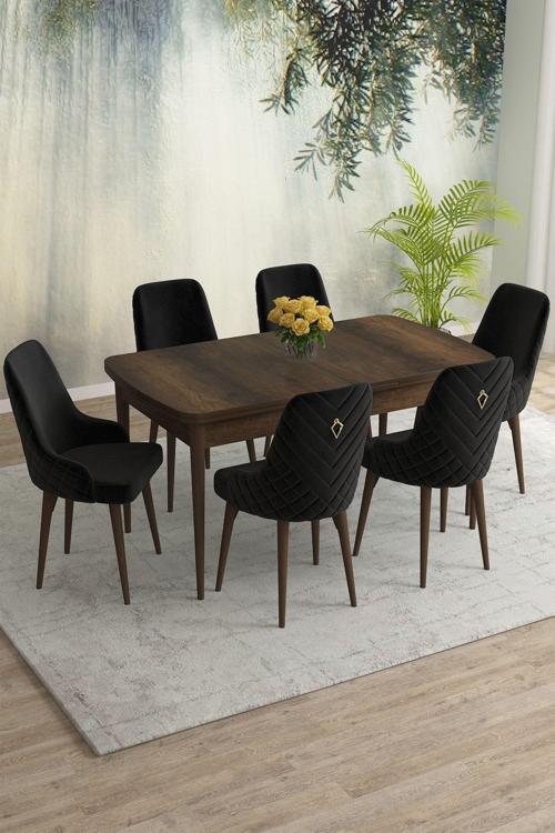 Meri Serisi Barok 80x132 Açılabilir Mdf Masa Yemek Odası Takımı, Mutfak Takımı 6 Adet Sandalye