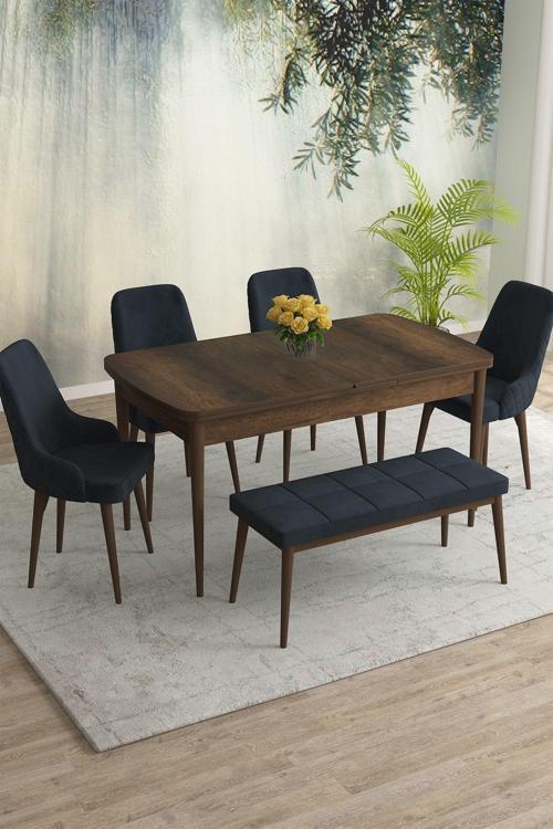 Meri Serisi Barok 80x132 Açılabilir Mdf Masa Yemek Odası Takımı, Mutfak Takımı 4 Sandalye 1 Bench