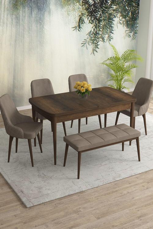Meri Serisi Barok 80x132 Açılabilir Mdf Masa Yemek Odası Takımı, Mutfak Takımı 4 Sandalye 1 Bench