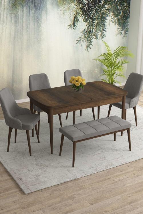 Meri Serisi Barok 80x132 Açılabilir Mdf Masa Yemek Odası Takımı, Mutfak Takımı 4 Sandalye 1 Bench