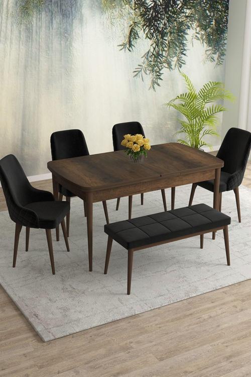 Meri Serisi Barok 80x132 Açılabilir Mdf Masa Yemek Odası Takımı, Mutfak Takımı 4 Sandalye 1 Bench