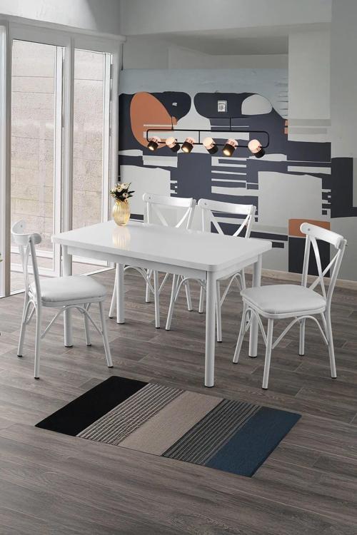 Kora Serisi Beyaz 70x110 Sabit Masa Yemek Odası Takımı,Mutfak Masası Takımı 4 Adet Sandalye