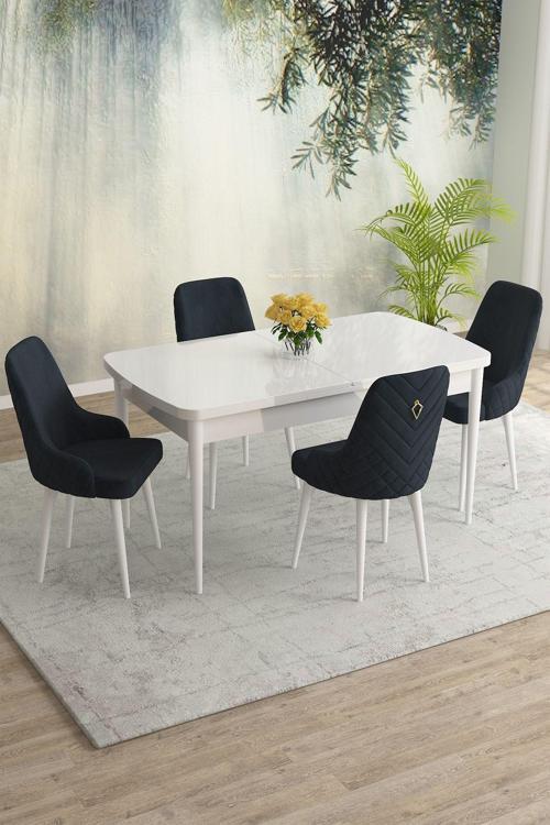 Meri Serisi Beyaz 80x132 Açılabilir Mdf Masa Yemek Odası Takımı, Mutfak Masa Takımı 4 Adet Sandalye