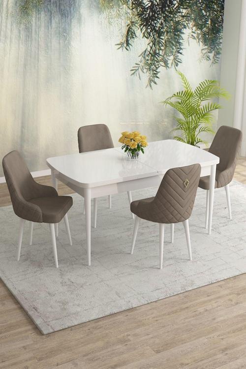 Meri Serisi Beyaz 80x132 Açılabilir Mdf Masa Yemek Odası Takımı, Mutfak Masa Takımı 4 Adet Sandalye