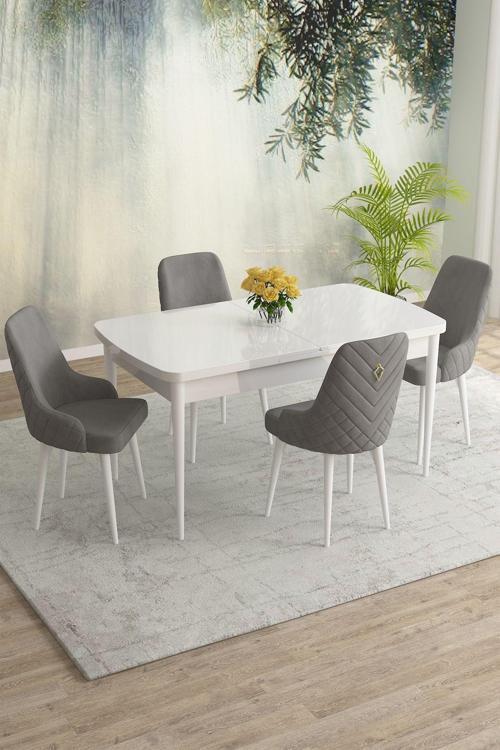 Meri Serisi Beyaz 80x132 Açılabilir Mdf Masa Yemek Odası Takımı, Mutfak Masa Takımı 4 Adet Sandalye