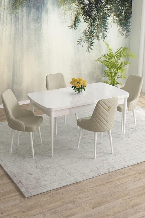 Meri Serisi Beyaz 80x132 Açılabilir Mdf Masa Yemek Odası Takımı, Mutfak Masa Takımı 4 Adet Sandalye