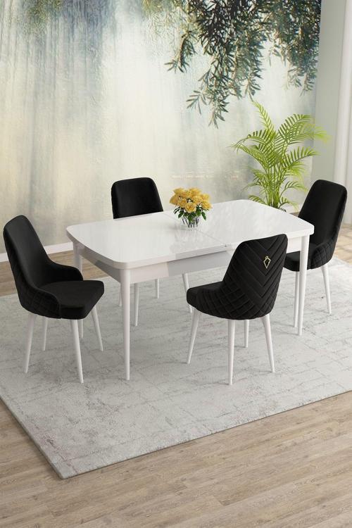 Meri Serisi Beyaz 80x132 Açılabilir Mdf Masa Yemek Odası Takımı, Mutfak Masa Takımı 4 Adet Sandalye