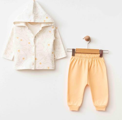 TAVŞANLI KAPŞONLU HIRKA PANTOLON ÜÇLÜ SET Somon